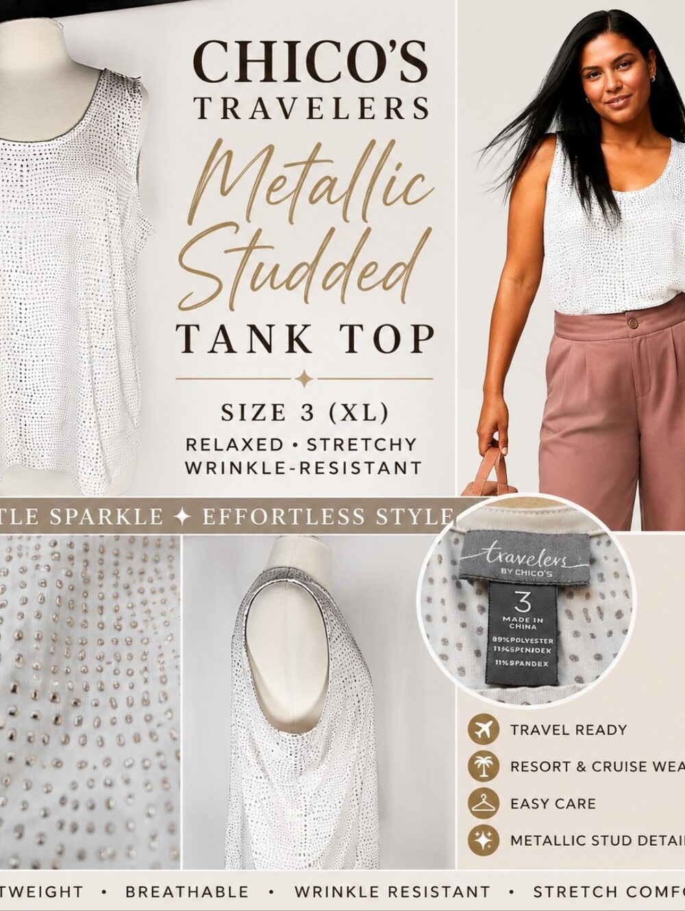 Chicos Travelers White Metallic Studded Tank 3 XL Resort Glam Travel Top Y2K